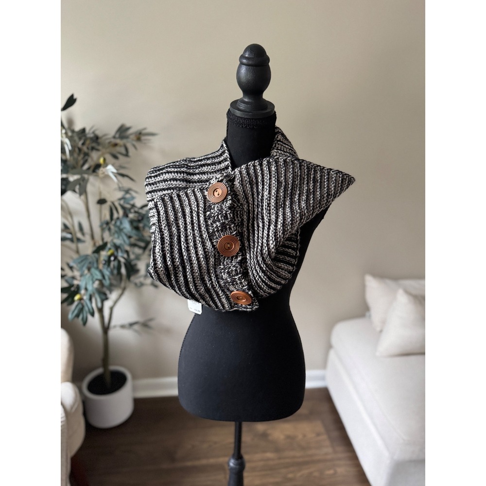 Cracker Barrel Black White Striped Knit Neck Wrap Button Cowl Scarf